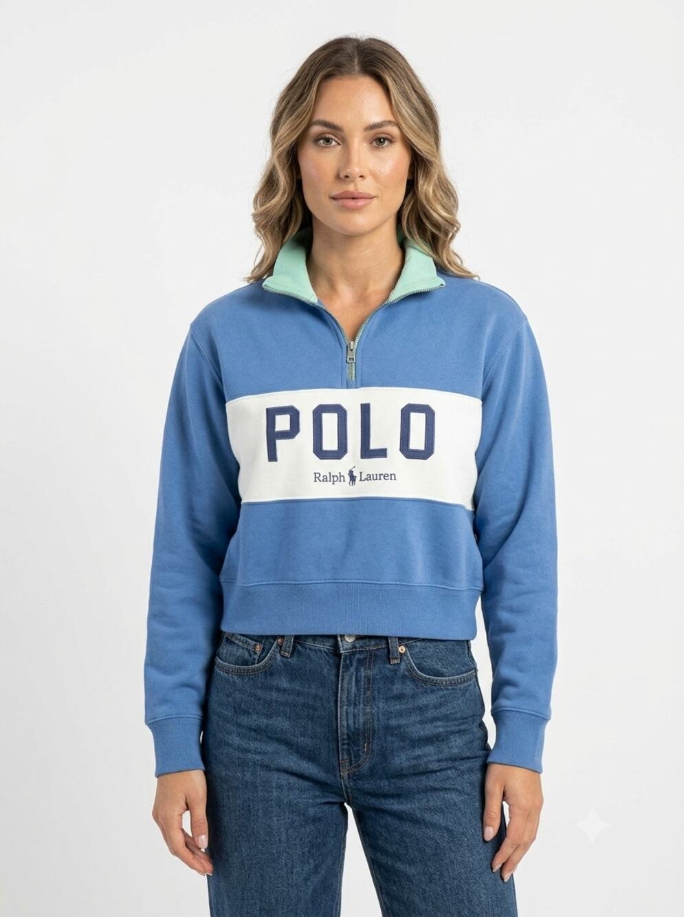Polo Ralph Lauren Sweatshirt Womens M Blue White Logo Fleece Quarter-Zip Outdoor